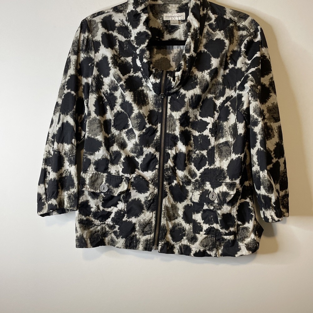 Christopher & Banks Jacket Women L Black Gray Floral Zip Front Lightweight
